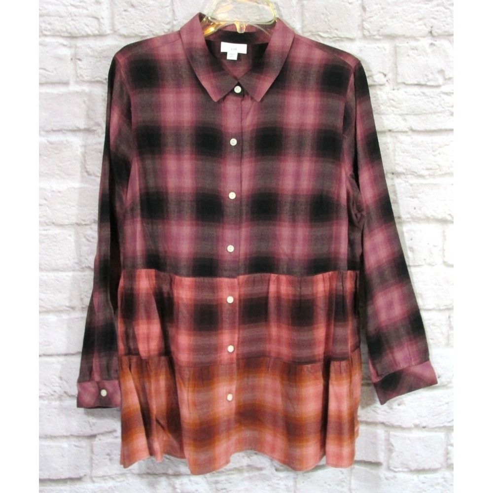 J Jill Ombre Plaid Flannel Tunic Top L Petite LP Tiered Button-Down Soft Modal